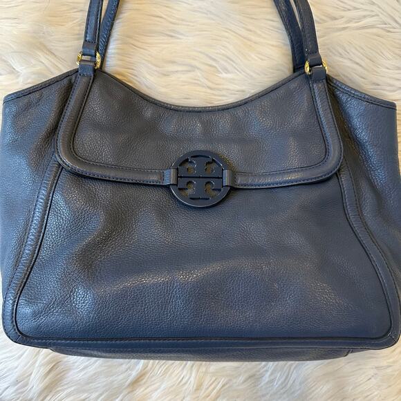 Tory Burch Amanda Pebbled Leather Easy Tote Bag Shoulder Bag Night Sky Blue - Picture 8 of 10